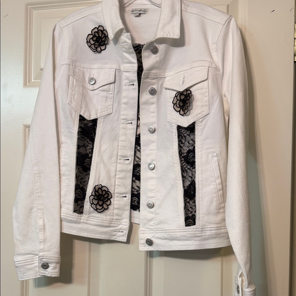 Charlotte Russe White Jean Jacket with Black Lace Details